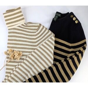 LOT 2🤩Lauren Ralph Lauren LRL Women L Sweaters Gold Black Metallic Quiet Luxury